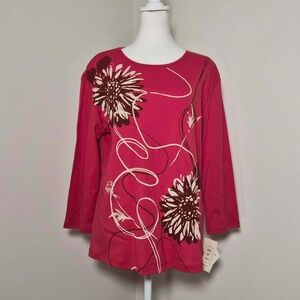 Jess & Jane NWT 100% Cotton Scarlet Red Artsy Dandelion Flower Carmen Shirt XL